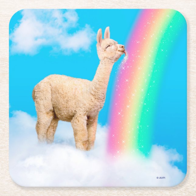 Llama Licking Rainbow Square Paper Coaster (Front)