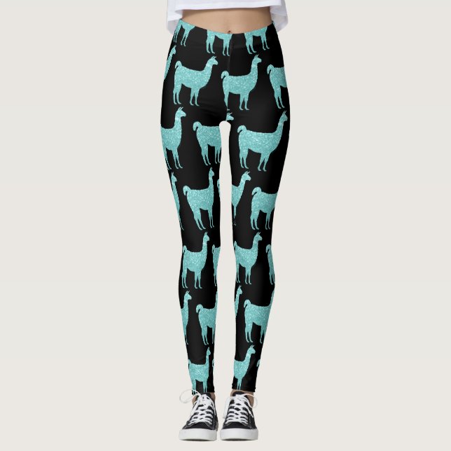 Llama Light Turquoise glitter Sparkles pattern Leggings (Front)