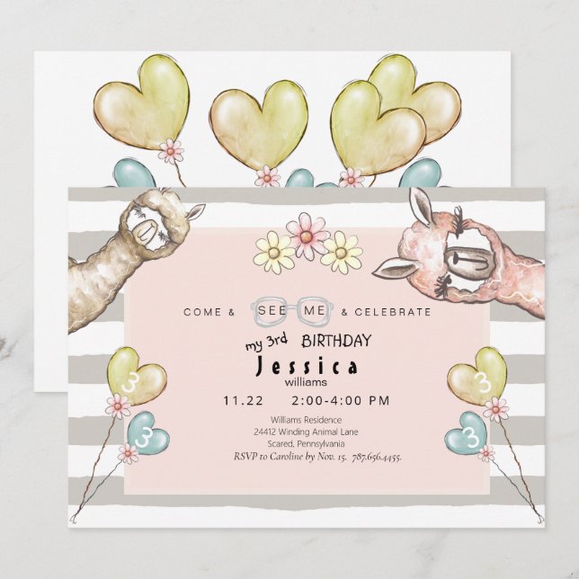 Llama llama Girl's Birthday Party Invitation (Front/Back)