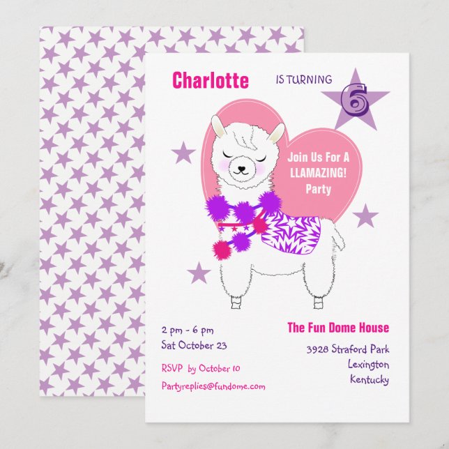 Llama Llamazing Girls Cute Birthday Party Invitation (Front/Back)