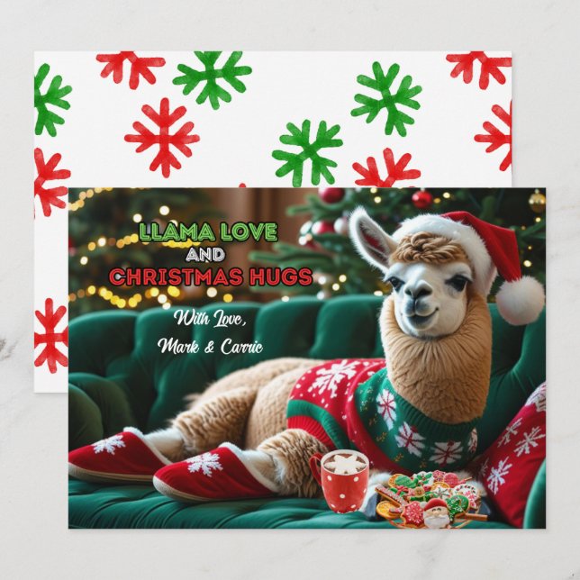 Llama Love Christmas Hugs Personalised Holiday Card (Front/Back)