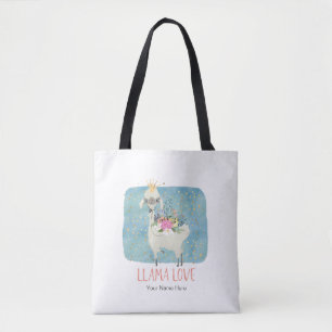 Llama Love Crown Watercolor Cute Kawaii Adorable Tote Bag