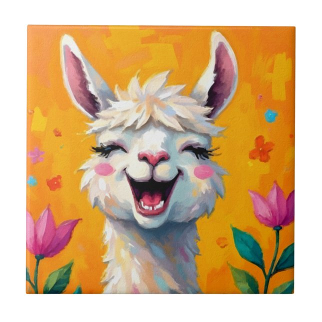 Llama Love in Bloom Ceramic Tile (Front)