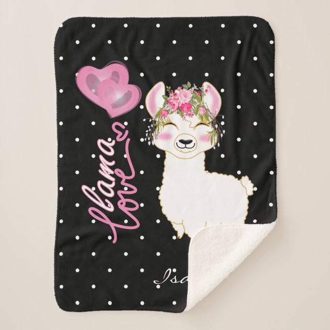 Llama Love in Pink Floral Sherpa Blanket (Front)
