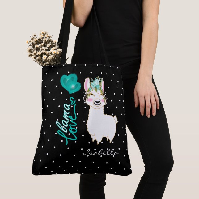 Llama Love - Teal Tote Bag (Close Up)