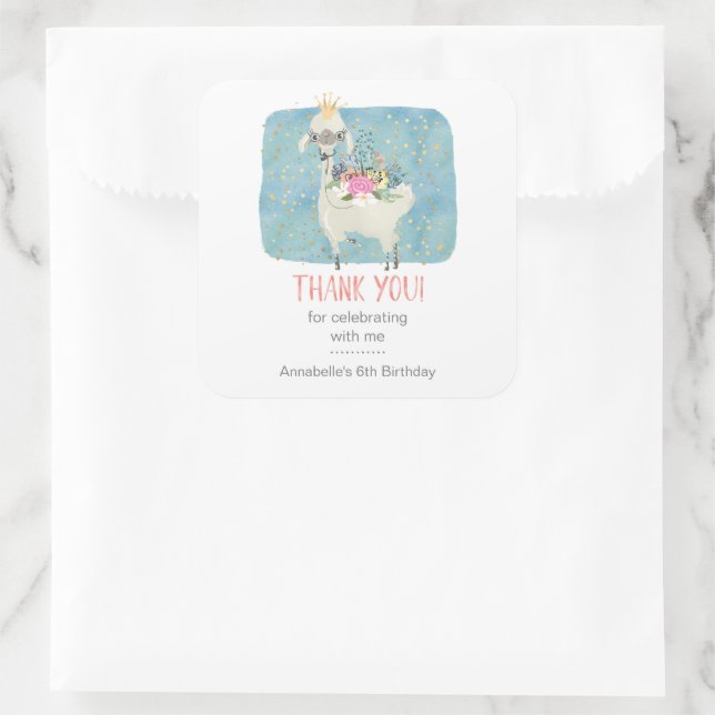 Llama Love Thank You Cute Adorable Girls Birthday  Square Sticker (Bag)