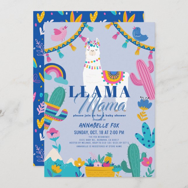 Llama Mama Alpaca Cactus Blue Boy Baby Shower Invitation (Front/Back)