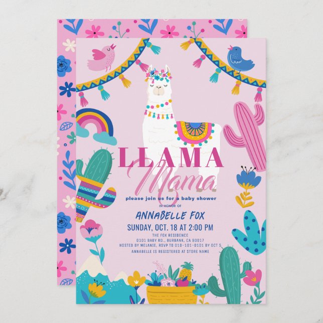 Llama Mama Alpaca Cactus Girl Pink Baby Shower Invitation (Front/Back)