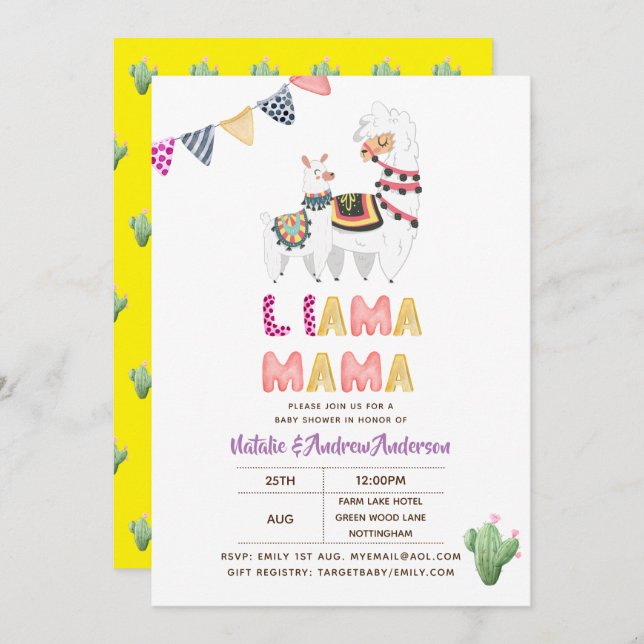 Llama Mama Baby Shower Fiesta Cacti Cute Girls Invitation (Front/Back)