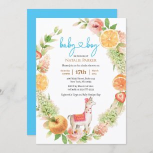 Llama Mama Citrus Floral Greenery Baby Boy Shower Invitation