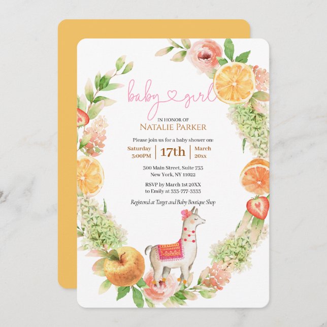 Llama Mama Citrus Floral Greenery Baby Girl Shower Invitation (Front/Back)