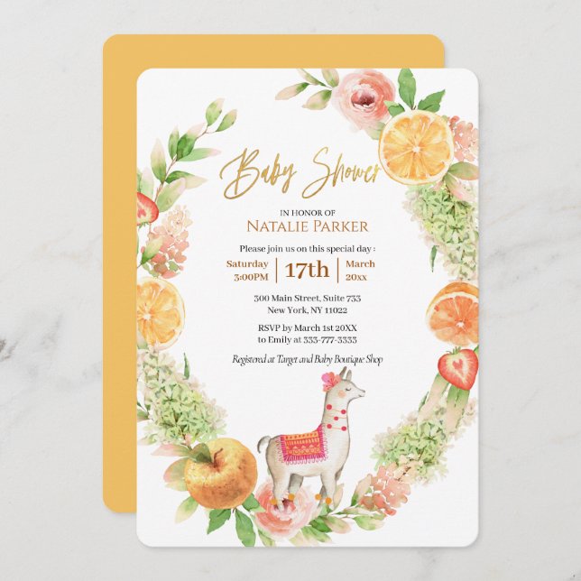 Llama Mama Citrus Floral Greenery Baby Shower Invitation (Front/Back)