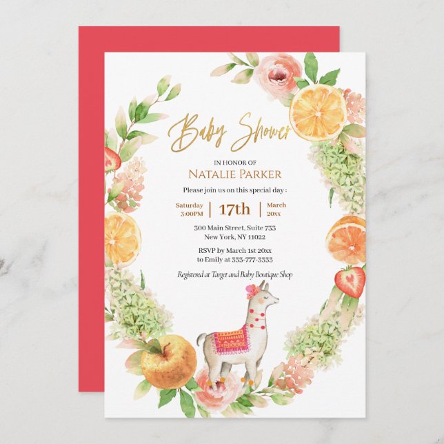 Llama Mama Citrus Floral Greenery Baby Shower  Invitation (Front/Back)