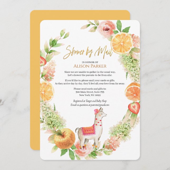 Llama Mama Floral Greenery Baby Shower by Mail Invitation (Front/Back)