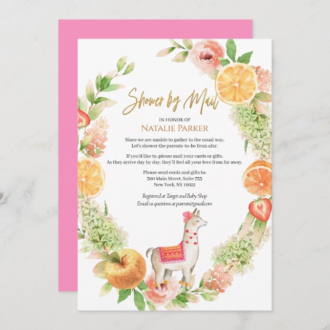 Llama Mama Floral Greenery Baby Shower by Mail  Invitation (Front/Back)