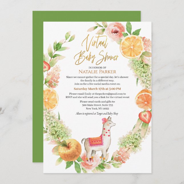 Llama Mama Floral Greenery Virtual Baby Shower  Invitation (Front/Back)