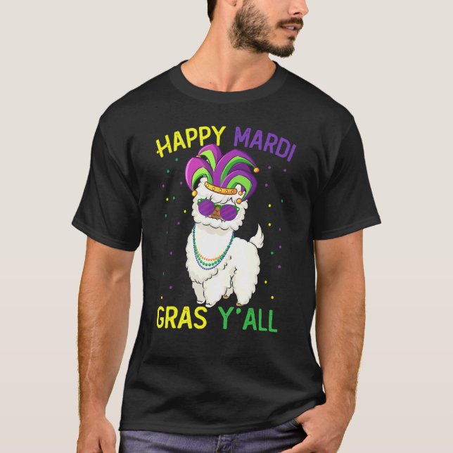 Llama Mardi Gras Holding Mask   Bead Love Mardi Gr T-Shirt (Front)
