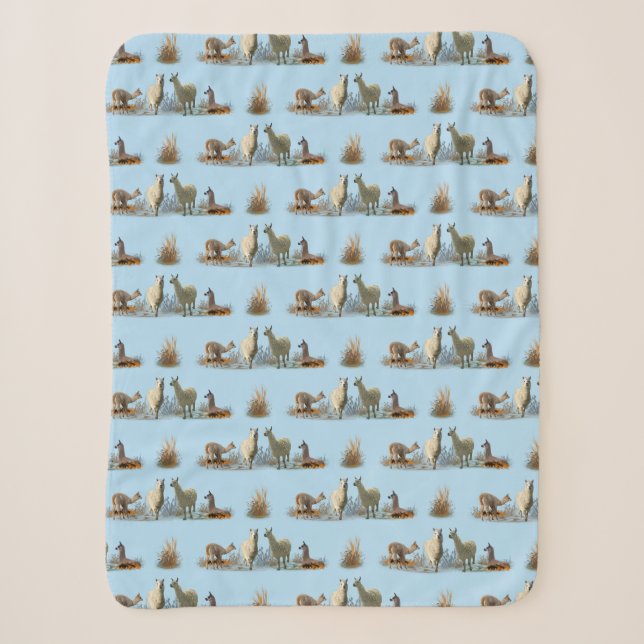 Llama Meadow Sherpa Blanket (Light Blue) (Front)