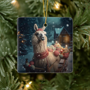Llama Merry Christmas Ornament, Pet Lover Gift Ceramic Ornament