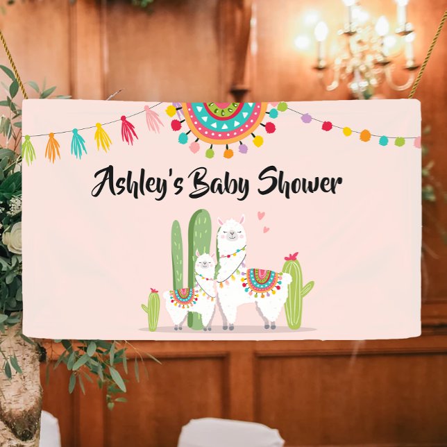 Llama Mexican Cactus Fiesta Pink Girl Baby Shower Banner (Creator Uploaded)