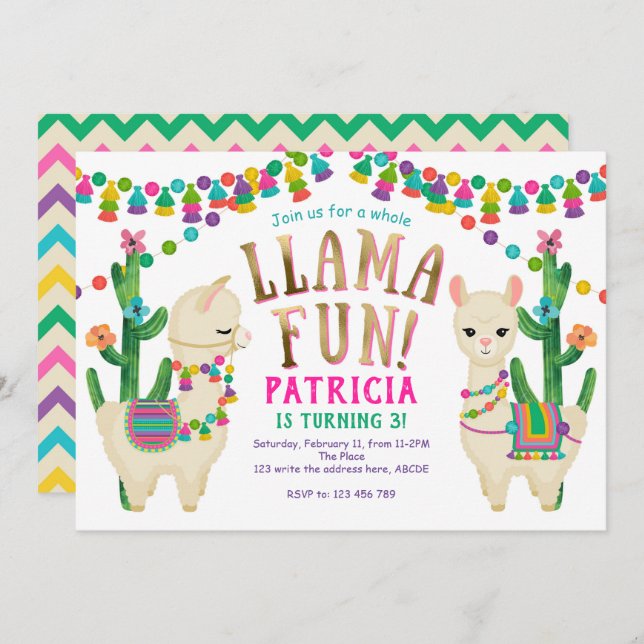 Llama, Mexican, FIesta, Cute, Birthday Invitation (Front/Back)