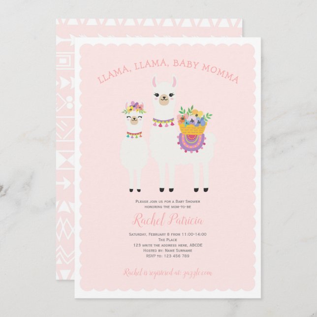 Llama Momma- Cute, Baby Girl Shower Invitation (Front/Back)