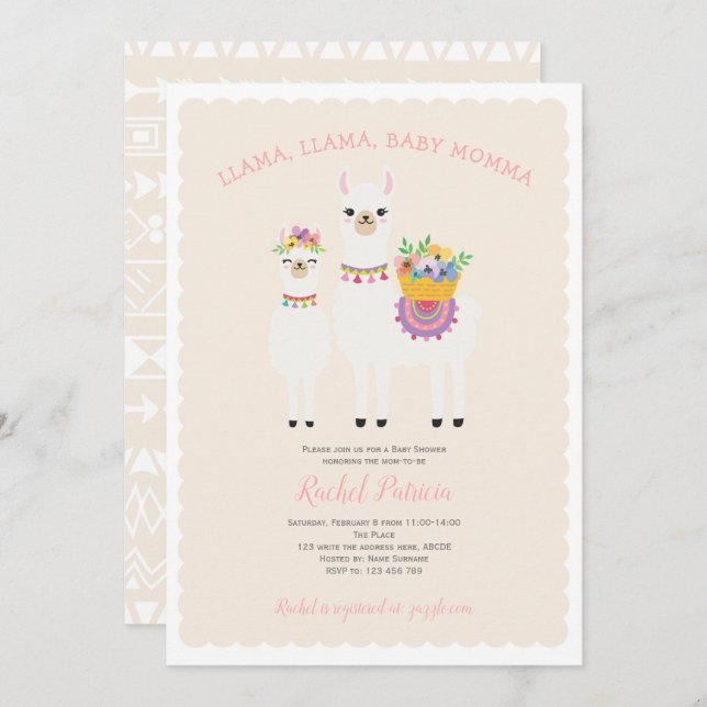 Llama Momma- Cute, Baby Girl Shower Invitation (Front/Back)