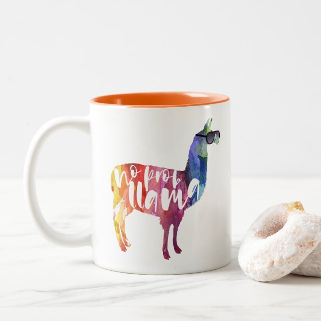 Llama. No Probllama. No Prob-llama. Funny Sayings Two-Tone Coffee Mug (With Donut)
