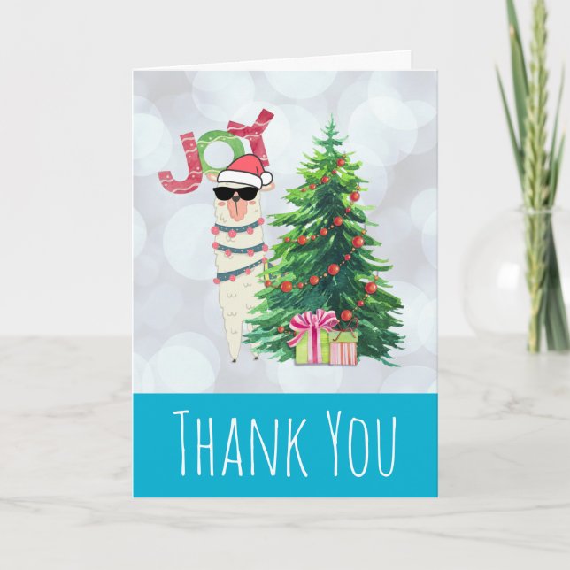 Llama on Silver Bokeh & Icy Blue Christmas Thanks Card (Front)