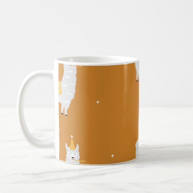Llama, orange background: birthday pattern. coffee mug (Left)