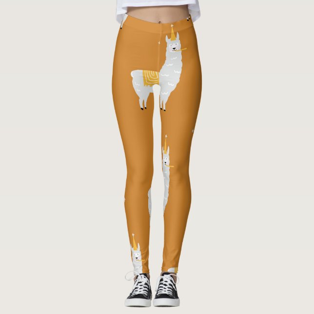 Llama, orange background: birthday pattern. leggings (Front)