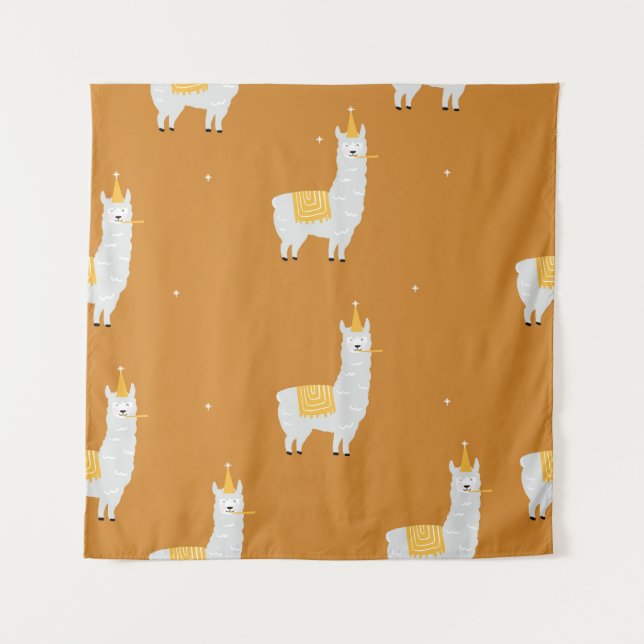 Llama, orange background: birthday pattern. tapestry (Front)