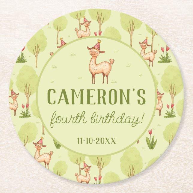 Llama outdoor kid’s birthday celebration  round paper coaster (Front)