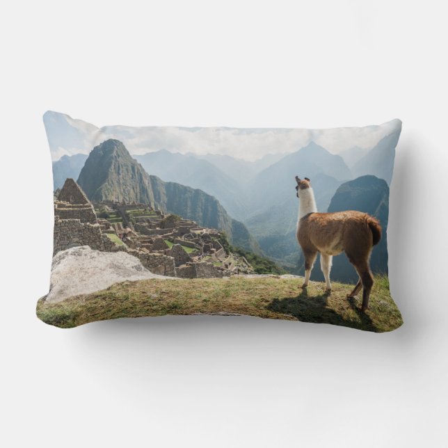 Llama Overlooking Ruins | Machu Picchu, Peru Lumbar Cushion (Front)