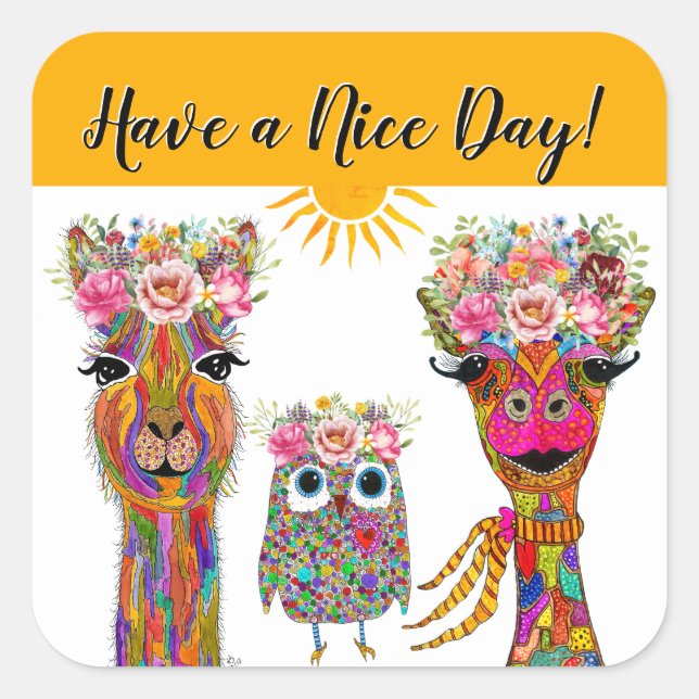 Llama, Owl and Giraffe Animal  Square Sticker (Front)