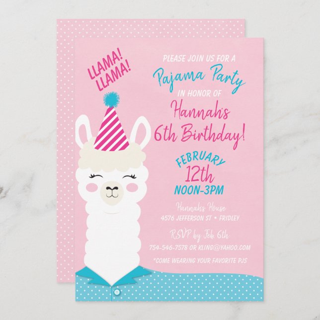 Llama Pajama Party Birthday Invitation (Front/Back)