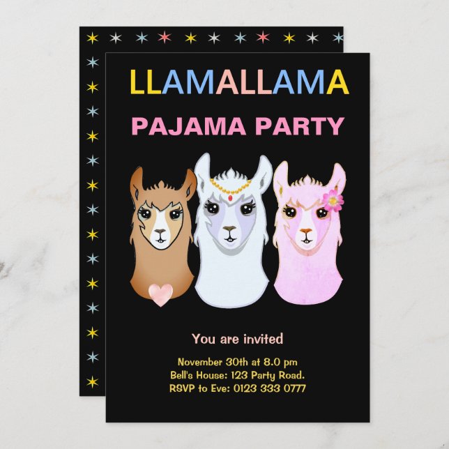 Llama Pajama Party Invitation (Front/Back)