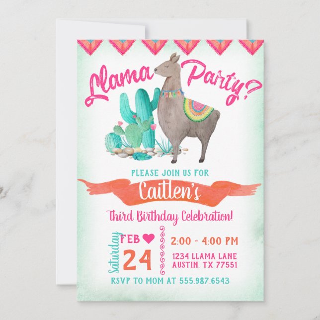 Llama Party Birthday Invitation Pink Orange Aqua (Front)