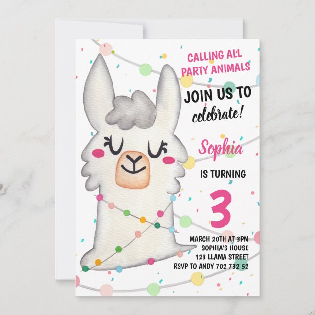Llama Party Girl Party Animals Llama Fun Birthday Invitation (Front)