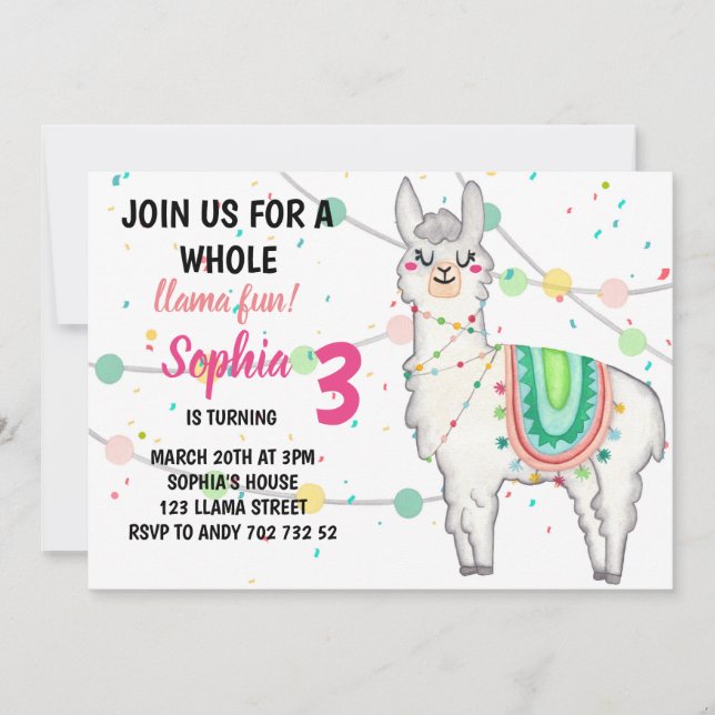 Llama Party Whole Llama Fun Girl Birthday Invitation (Front)