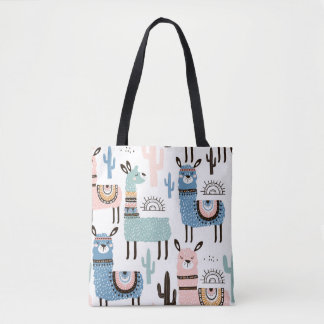 Llama Patterned Tote in Blue, Green & Pink