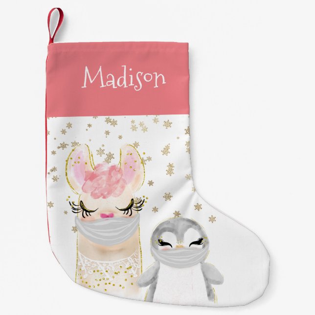 Llama Penguin Face masks Personalised Small Christmas Stocking (Front)