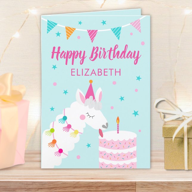 Llama Personalised Name Aqua Happy Birthday  Card (Creator Uploaded)