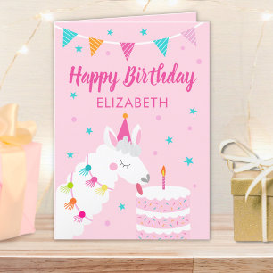 Llama Personalised Name Pink Happy Birthday Card