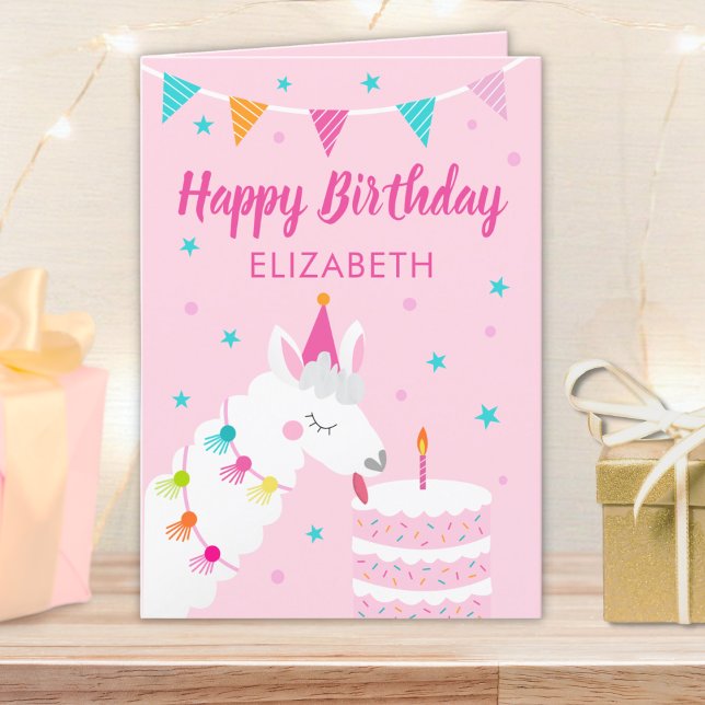 Llama Personalised Name Pink Happy Birthday Card (Creator Uploaded)