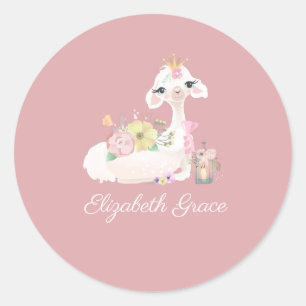 Llama Pink and White with Flowers Girly Classic Round Sticker
