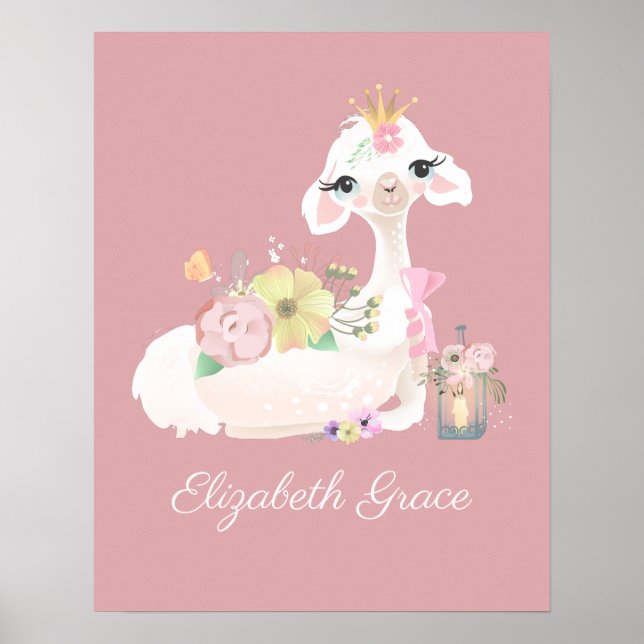 Llama Pink and White with Flowers Girly Poster (Front)