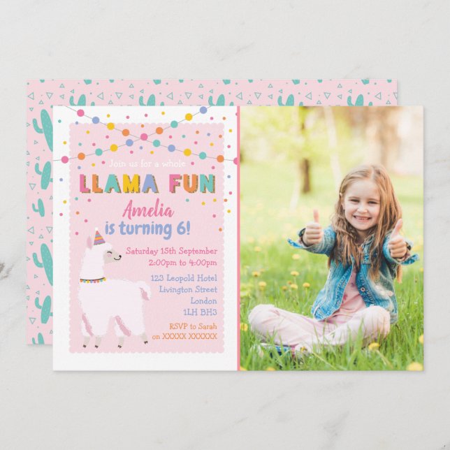 Llama Pink Birthday Party Photo Invitation (Front/Back)