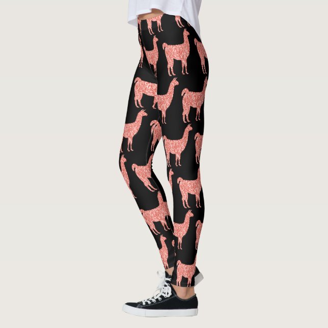 Llama pink coral glitter Sparkles pattern black Leggings (Left)