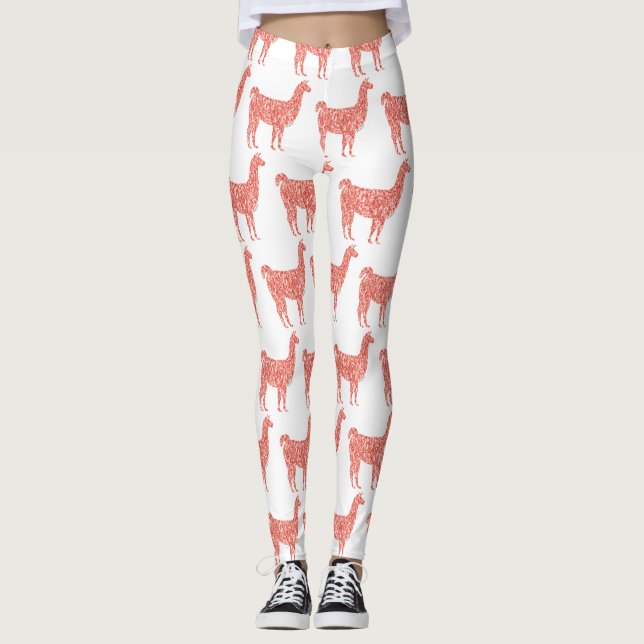 Llama pink coral glitter Sparkles pattern Leggings (Front)